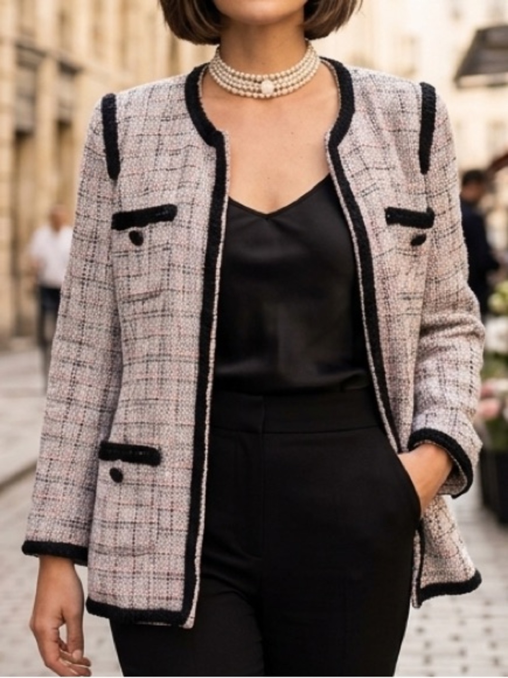 Anne Klein Pink Tweed Open-Front Jacket with Black Trim